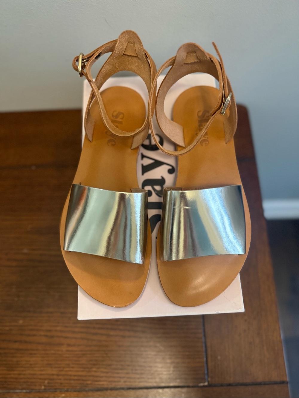 Slaye Sandals with Metallic Gold Strap and Tan Leather - Picture 3 of 5